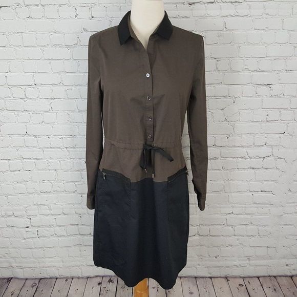 𝅺Elie Tahari Shirt Dress Blk/Brown Pockets Sz 6 - Picture 1 of 6